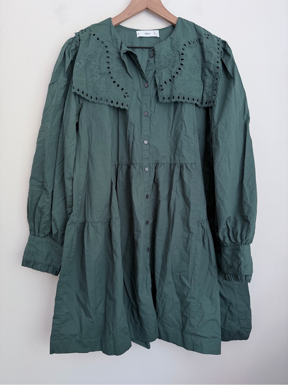Mango Moss Green eyelet Embroidered Collar Button-Front dress long sleeve 6